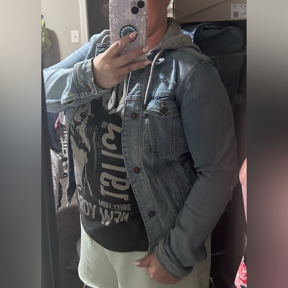 Hollister distressed light blue denim jean coat w/ grey sweatshirt hood -size m - Picture 9 of 11